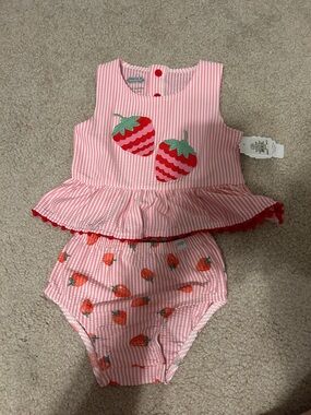 Mud Pie Pink & Red Strawberry Peplum Diaper Cover Set
